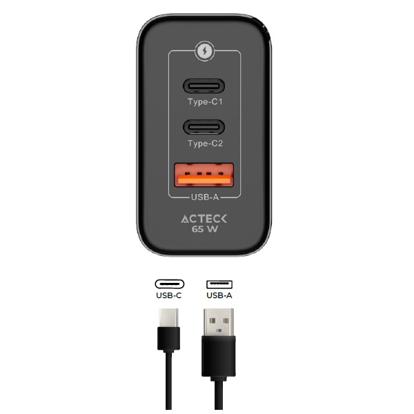 CARGADOR TURBO DE PARED ACTECK CON TECNOLOGIA GAN ENERGON PRO CARGA ULTRA RAPIDA DE 65W 2 USB C  AC-935579 - ACTECK