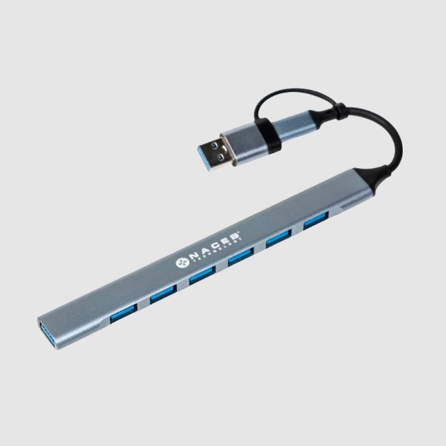 Adaptador HUB Naceb tipo USB C/A 7 puertos color Plata  NA-0125 - NA-0125