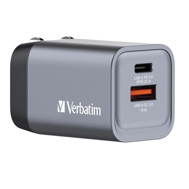 Cargador de pared Verbatim GaN de 35 Combina un puerto USB-C PD de 35 W y un puerto USB-A QC 30 EU/UK/US  32200 - Código: 32200 | Compra en Guadalajara