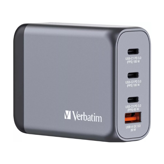 Cargador de pared Verbatim GaN de 100W combina dos puertos USB-C PD 100 W un puerto USB-C PD 65 W y un puerto USB-A QC 30  32202 - Código: 32202 | Compra en Guadalajara