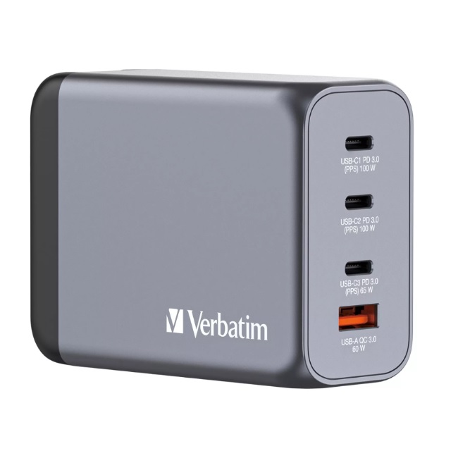 Cargador de pared Verbatim GaN de 200 W combina dos puertos USB-C PD 100 W un puerto USB-C PD 65 W y un puerto USB-A QC 3.0  32204 - Código: 32204 | Compra en Guadalajara