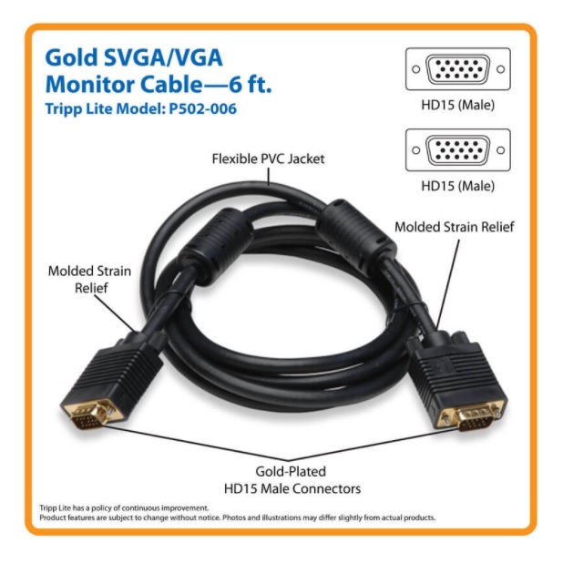 P502-006 CABLE VGA COAXIAL PARA MONITOR  ALTA RESOLUCION HD15 M/M 183M 