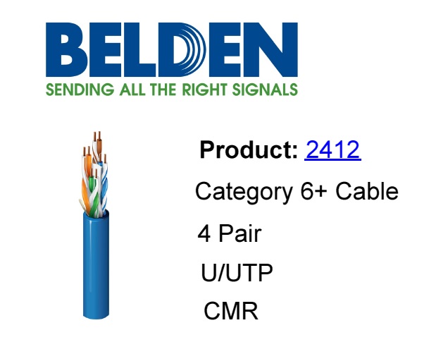 BOBINA BELDEN CABLE UTP CAT6 USO INTERIOR 2412 006A1000 AZUL 305MTS  100% COBRE USO CMR 4 PARES 350 MHZ CALIBRE 23AWG UPC 612825061052 - 2412006A1000