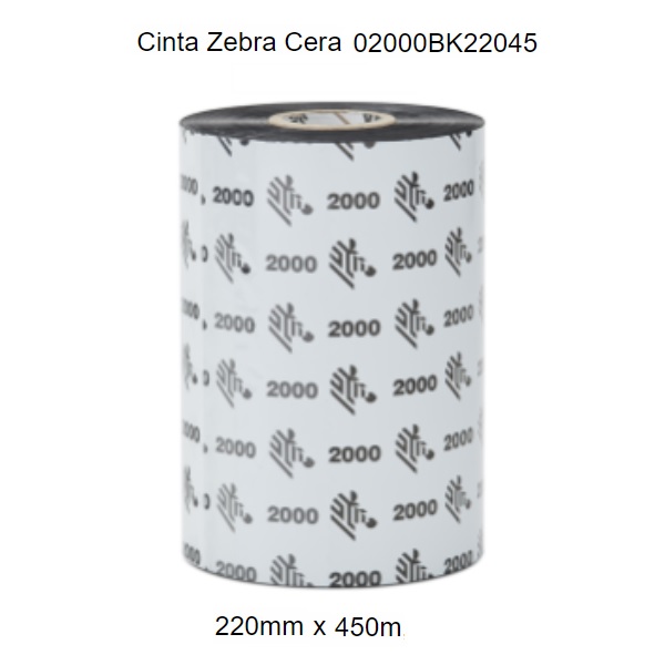 Cartucho de cinta Zebra Ribbon Cera 220mmX450mts Para Impresora Industrial Form 2000 Nucleo de 25mm Precio por Rollo 02000BK22045 UPC  - 02000BK22045