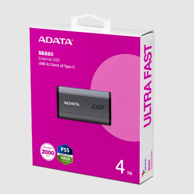 SSD ADATA SE880 SSD Externo ADATA SE880 4TB. Interfaz USB 3.2 Gen 2 X2 Puerto USB-C. Color GRIS. Numero De Parte AELI-SE880-4TCGY - Adata