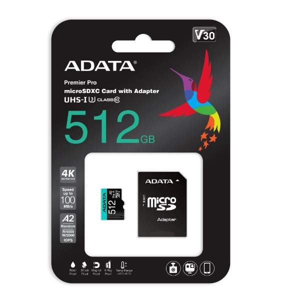 Memoria ADATA 512GB MicroSD HC UHS-I U3 V30S U3 A2 Aqua AUSDX512GUI3V30SA2-R UPC 842243018981 - ADATA