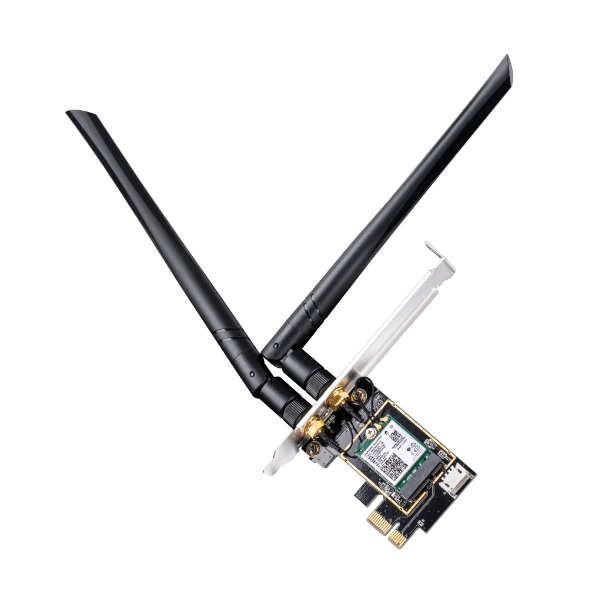 Adaptador inalámbrico PCIe Cudy WE3000 Wi-Fi 6E AX5400 Tri-Banda 6GHz+5GHz+2.4GHz Bluetooth 5.2 con 2 antenas externas UPC 6971690791162 - CUDY