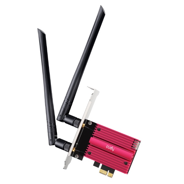 Adaptador inalámbrico PCIe Cudy WE3000S con Heatsink Wi-Fi 6E AX5400 Tri-Banda 6GHz+5GHz+2.4GHz Bluetooth 5.2 con 2 antenas externas UPC 6971690791322 - CUDY