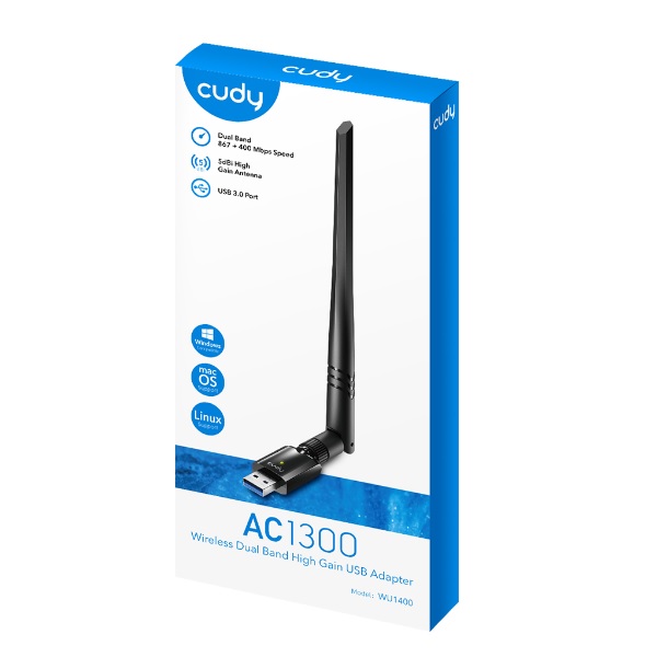 Adaptador inalámbrico USB 3.0 Cudy WU1400 Wi-Fi AC1300(2.4Ghz 400Mbps y 5Ghz 867Mbps) antena externa de alta ganancia UPC 6971690791230 - CUDY