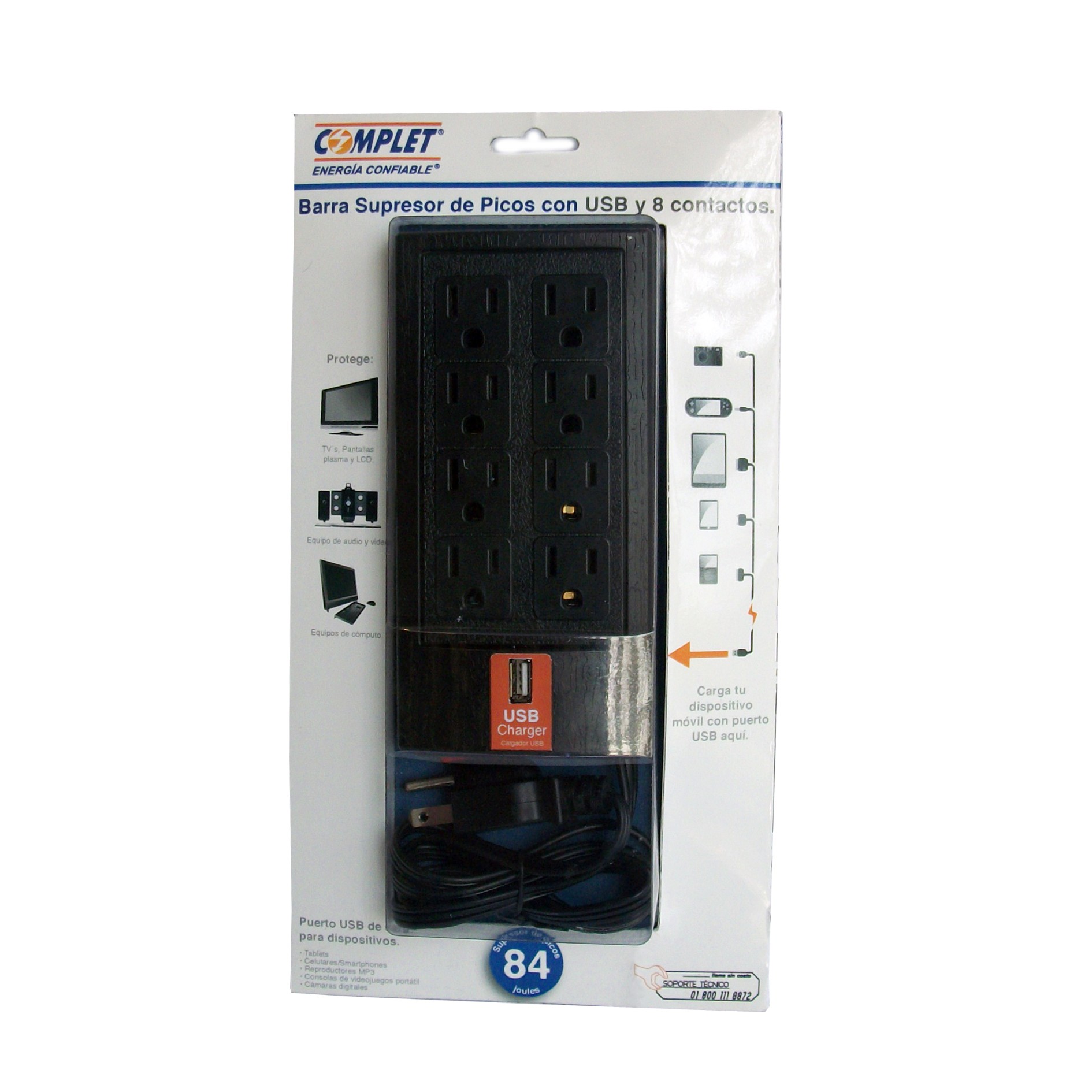 Supresor de Picos COMPLET BRC-1-005 700W 504 Joules 8 NEMA 5-15R 1x USB de carga  BRC-1-005 - BRC-1-005